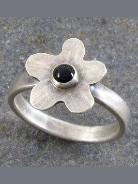 Sterling Silver 925 Flower Ring with Onyx, Size 8 3/4, Artisan Made